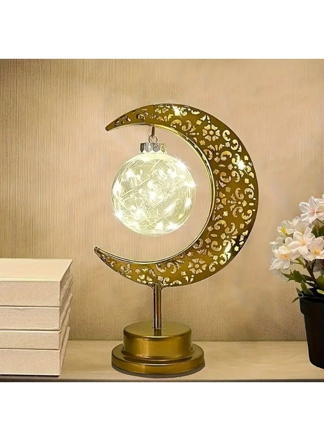 Home Care مصباح طاولة حديدي على شكل هلال ونجمة رمضان - ضوء ليلي يعمل بالبطارية لتزيين المهرجانات وغرف النوم، طراز ريترو، مناسب لشهر رمضان وعيد الحب - Image 2